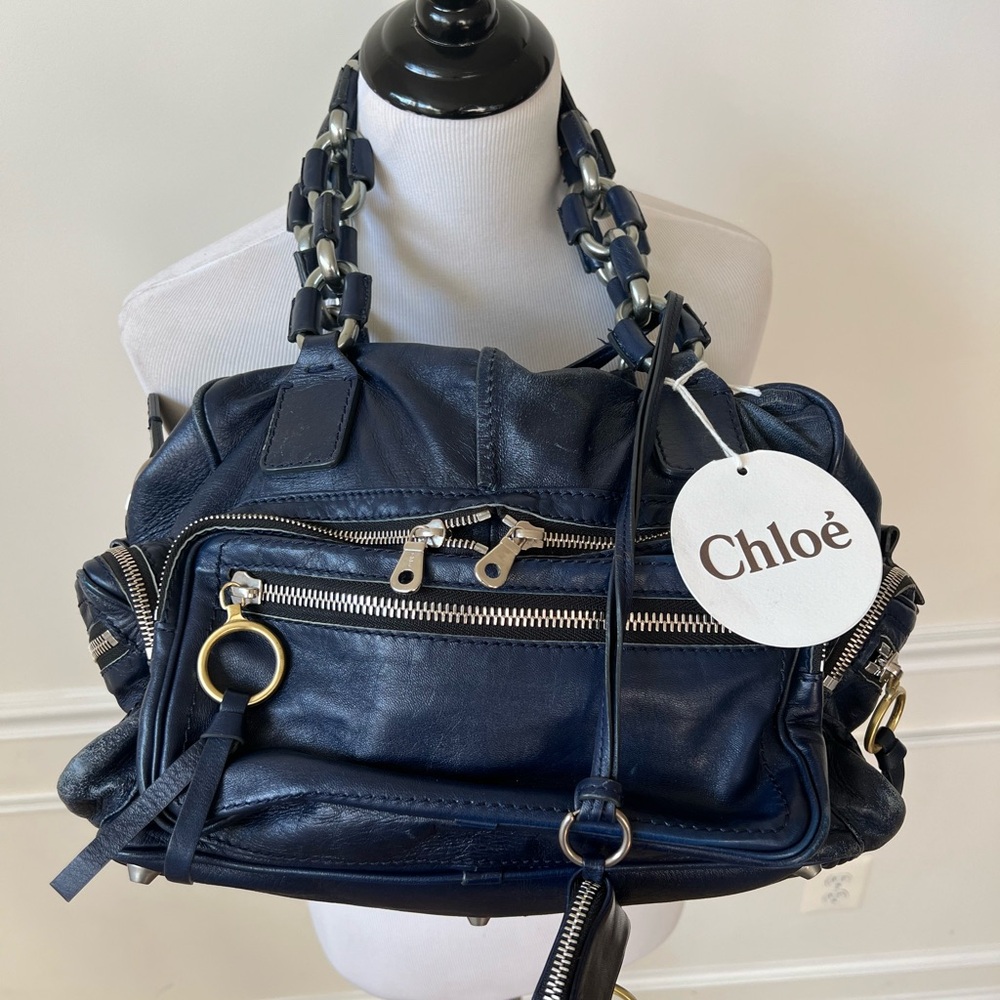Navy Blue Chloé Shoulder Bag! Distressed Leather w/ Chain Straps.